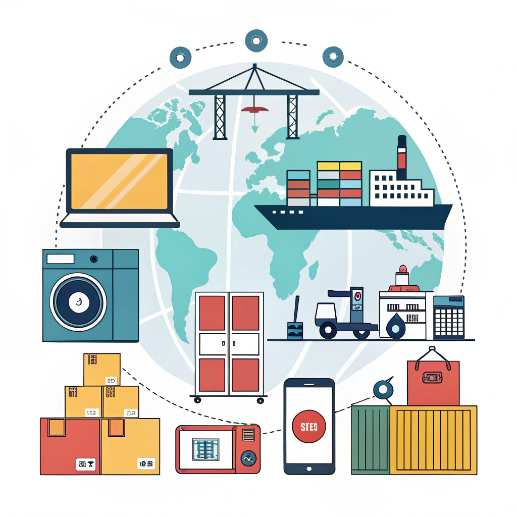 2D flat illustration of various imported products in a modern collage