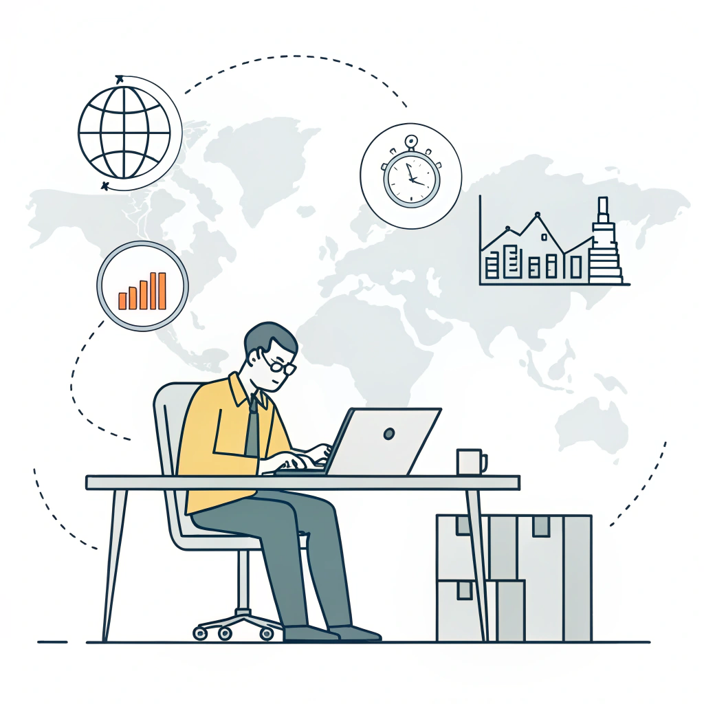 Minimal flat illustration of a business owner reviewing import duty charts in a modern office.