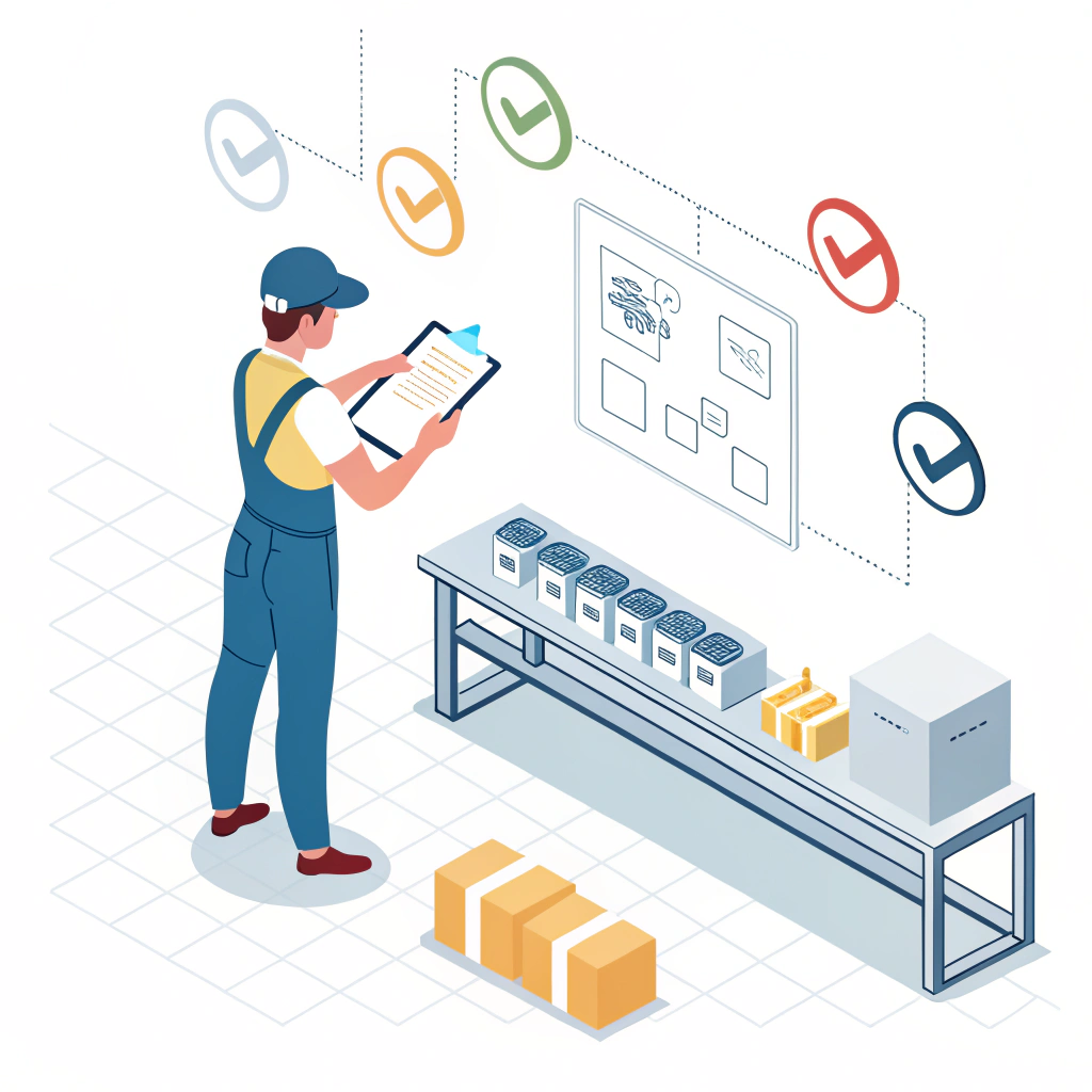 Minimal illustration of a worker inspecting products in a factory environment