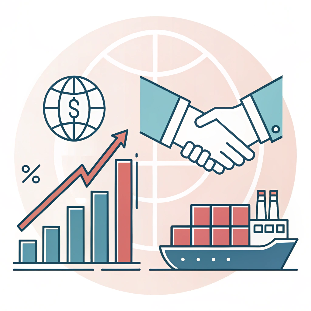 A minimalist illustration showing a rising graph, handshake, and shipping icon symbolizing success in trade.