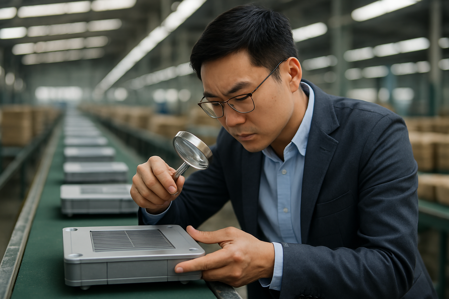 quality inspector checking products along a factory production line