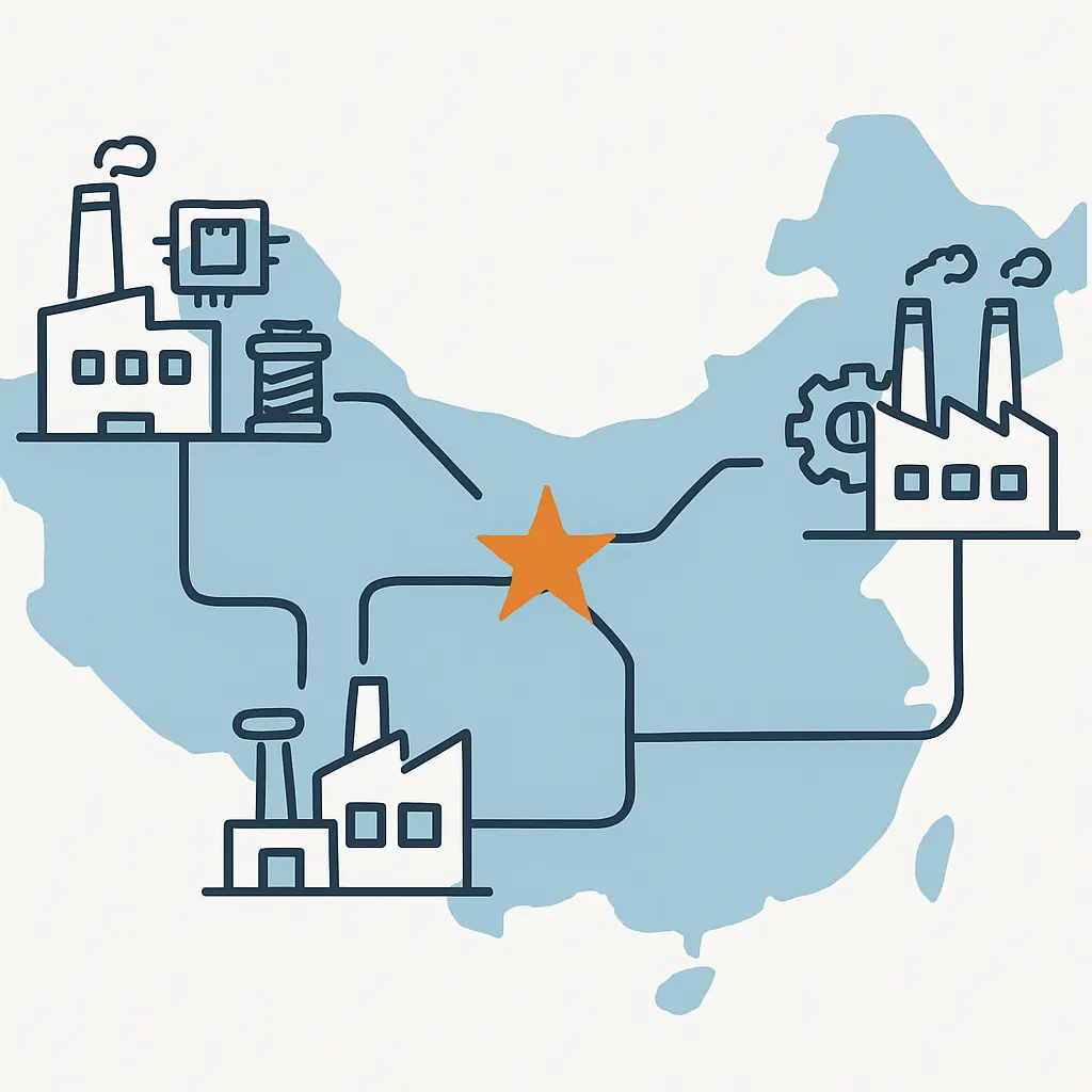 A 2D minimalist illustration showing a network of diverse factories in China, symbolizing its vast supplier base for global sourcing.