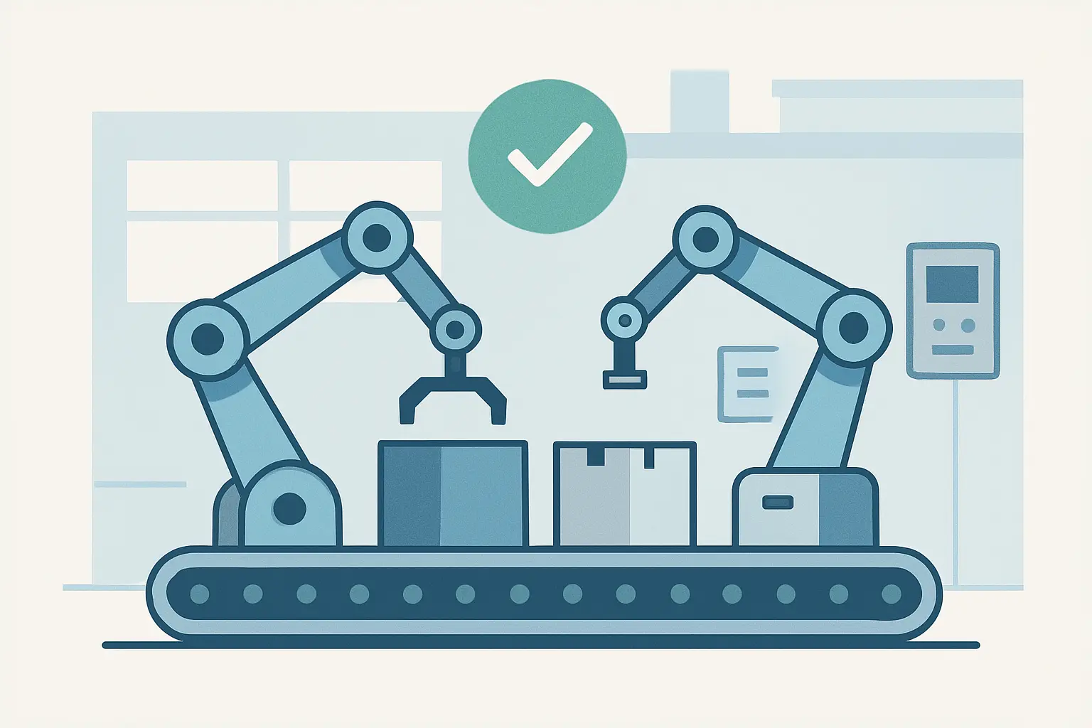 A 2D minimalist illustration of a streamlined factory assembly line with robotic arms, symbolizing efficiency and speed in Chinese manufacturing.