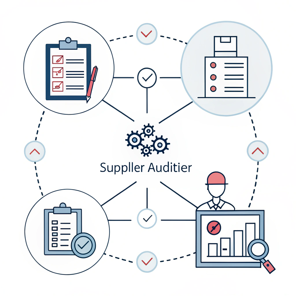 Minimal flat design depicting supplier audits and management in e-commerce