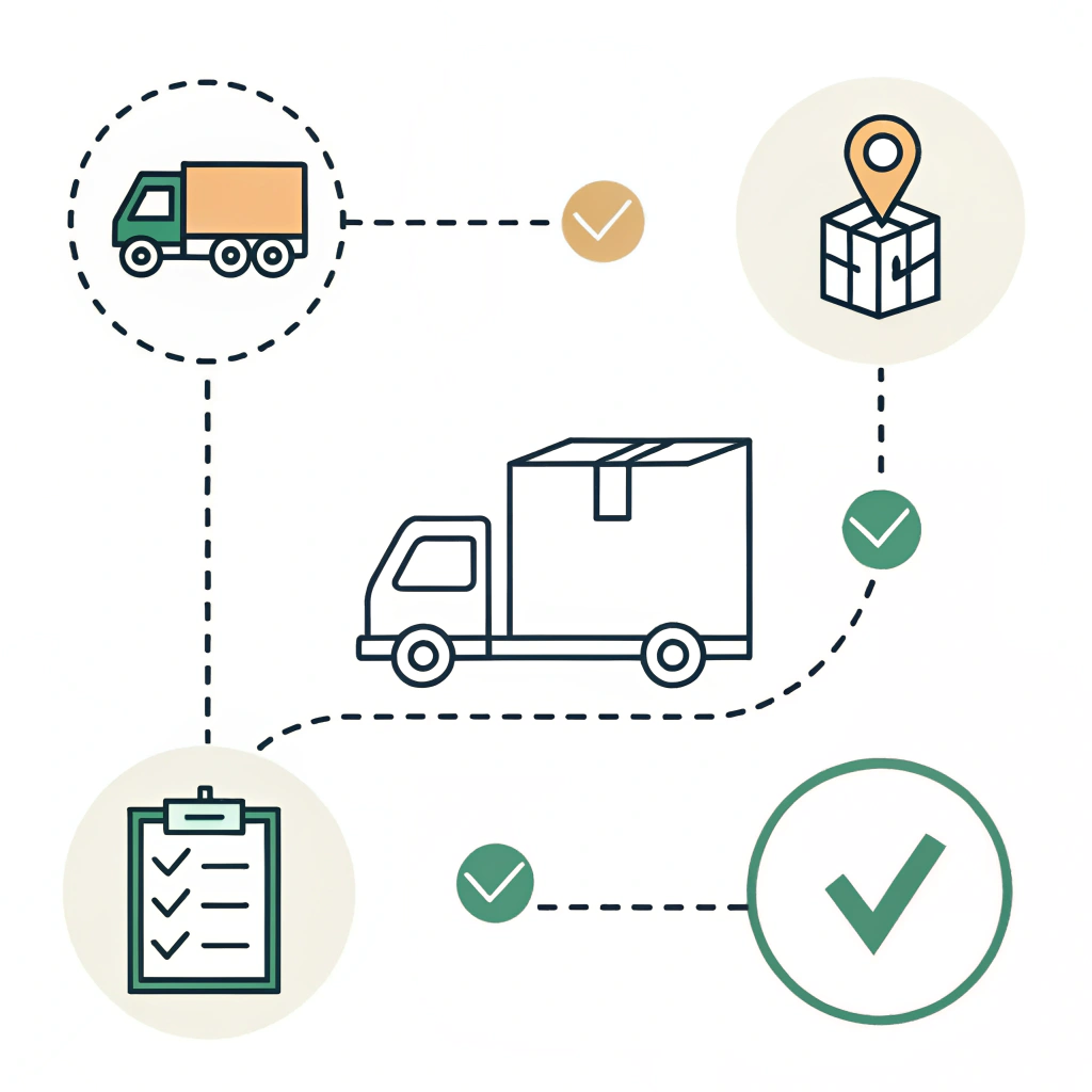 Minimalist illustration of logistics and quality follow-up with delivery icons