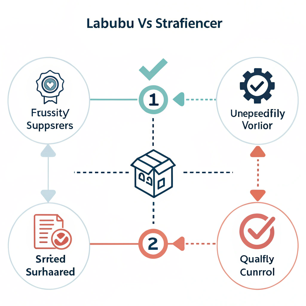 Minimalist illustration showing abstract sourcing challenges with vendor and quality icons