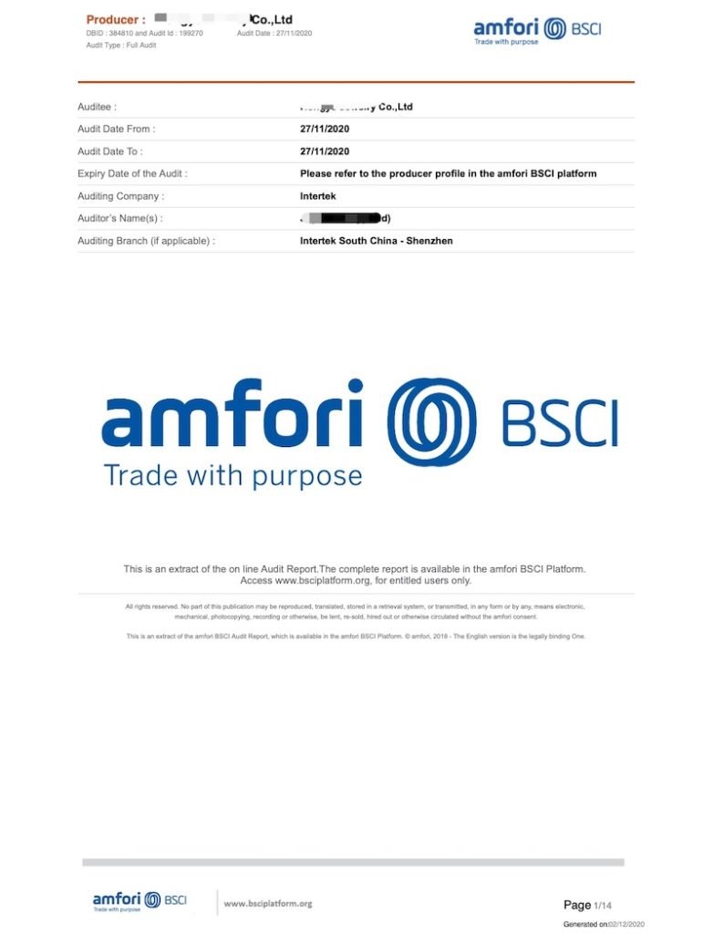 Example of a BSCI social compliance certification document