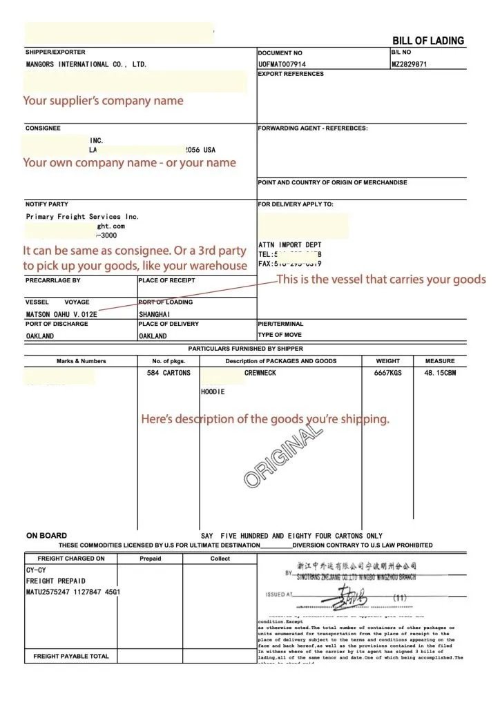 sample bill of lading document showing shipment and cargo details