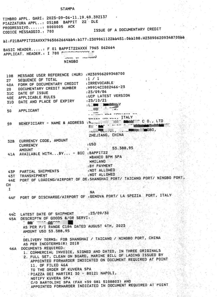 sample letter of credit document used in international trade