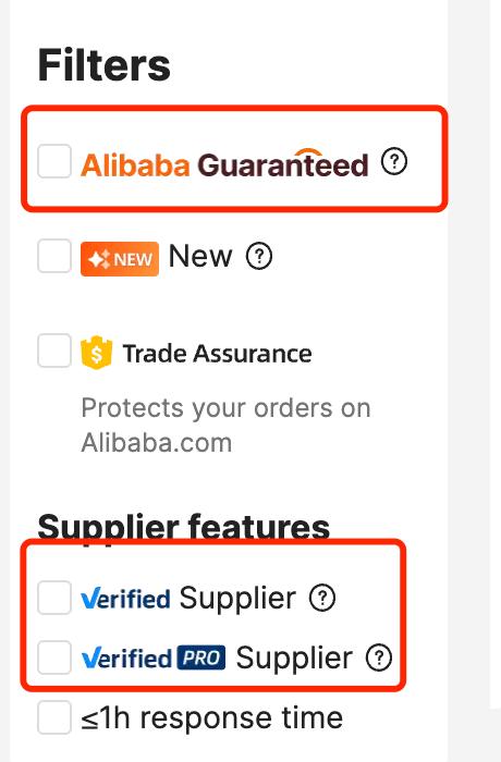 Alibaba search filters for supplier type and certifications