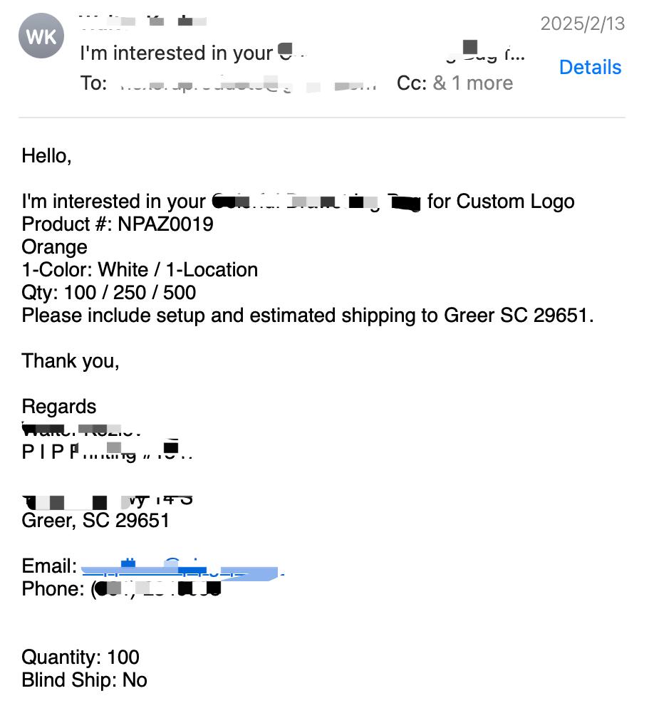 Example of a professional inquiry message sent to a supplier