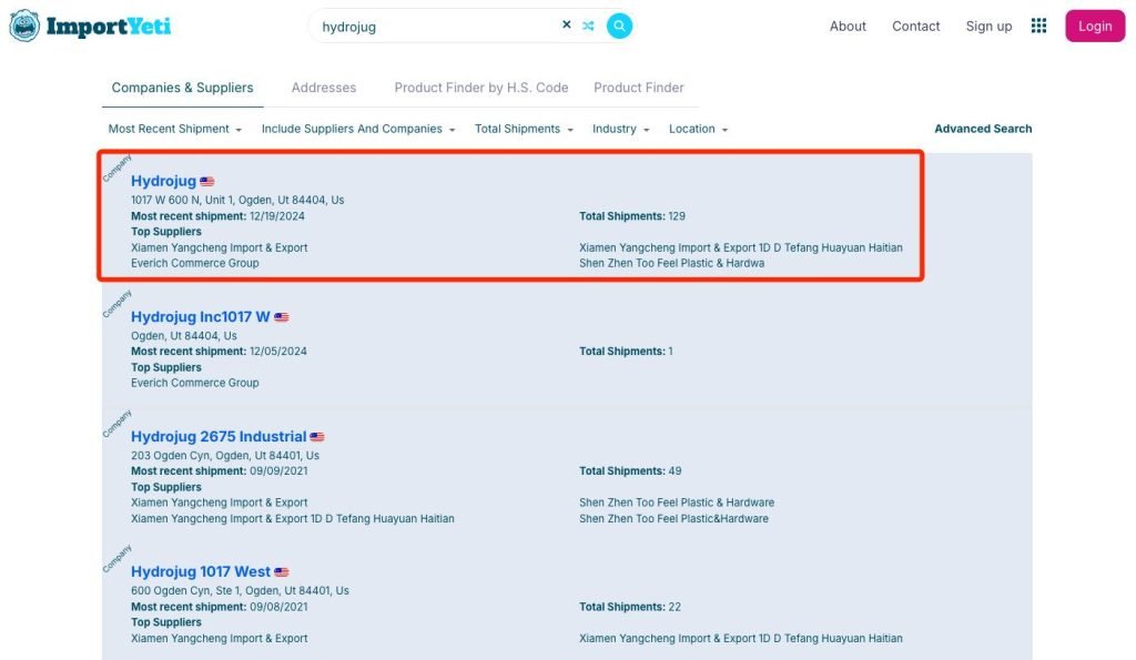 ImportYeti website search results for a specific product