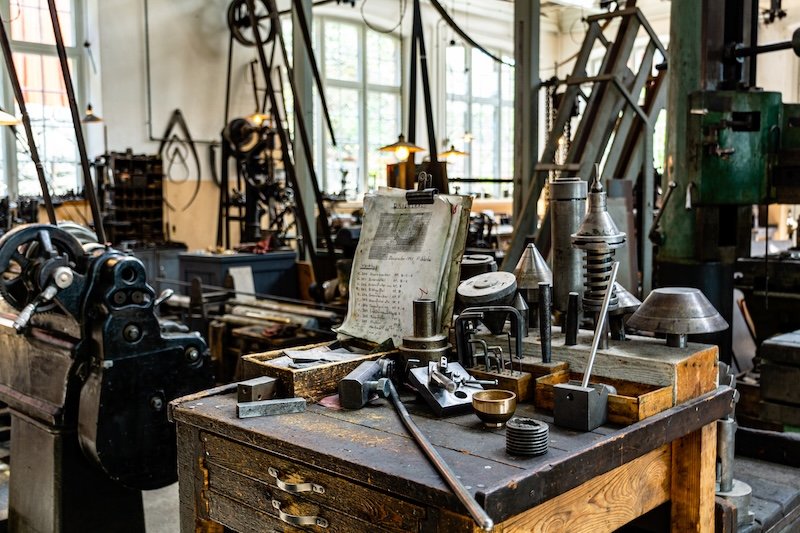 Industrial factory floor with aging manufacturing machinery