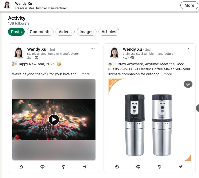 LinkedIn supplier profile page with product photos and reviews