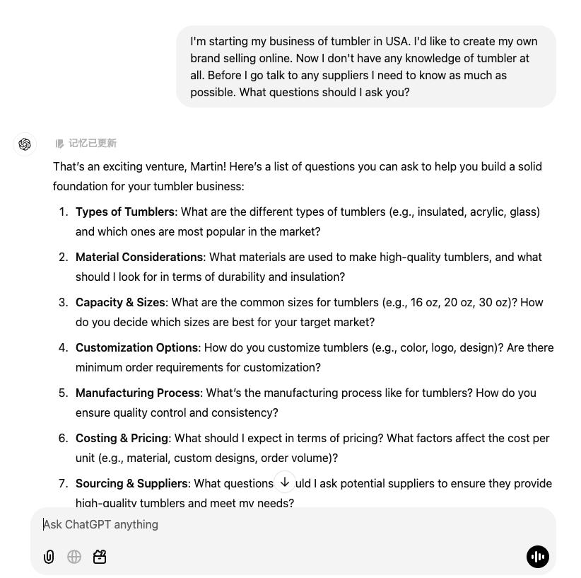 Screenshot of a conversation with ChatGPT for product research