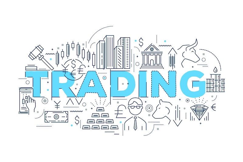 Blue and gold trading illustration featuring bull and bear icons