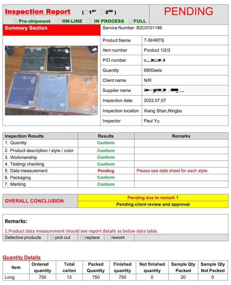 sample product inspection report document used before shipment