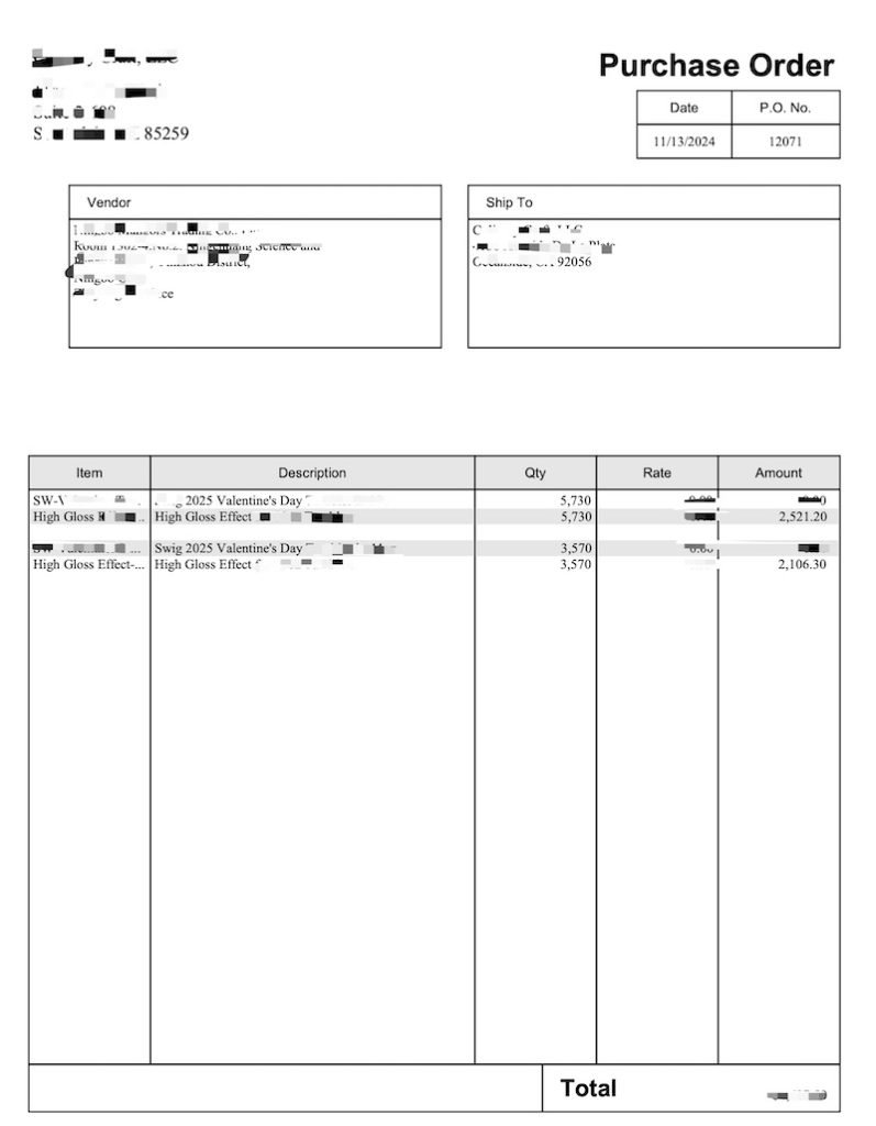 Sample purchase order document listing product order details