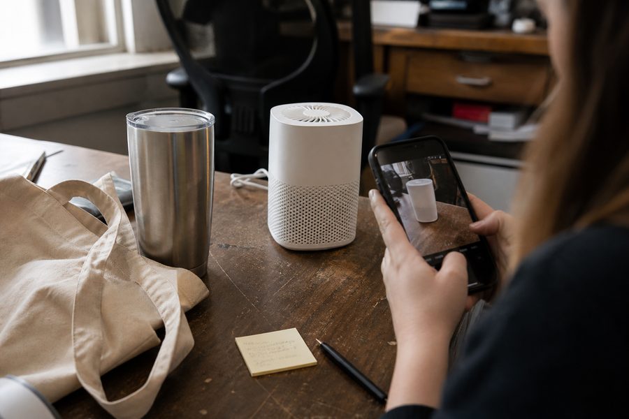 Product samples on a desk being photographed for a buyer