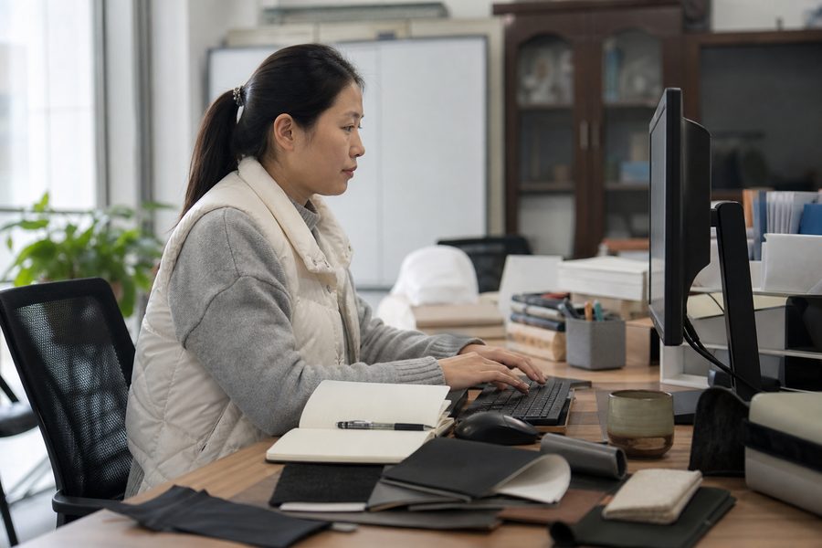 A Mangors sourcing agent replying to buyer enquiries at her desk